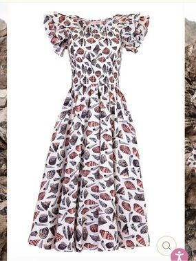 NWT Ivy City Co hattie seashell White Shell-Print Midi Dress with Ruffle Sleeves